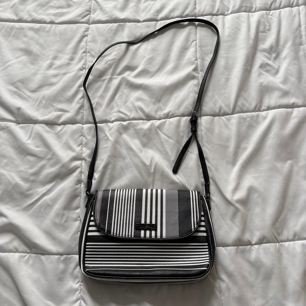 Vera Bradley Striped Crossbody Bag Black White Grey Faux Leather Flap Purse